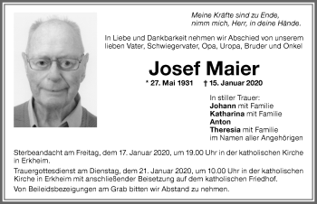 Traueranzeige von Josef Maier von Memminger Zeitung