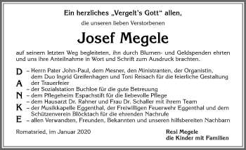 Traueranzeige von Josef Megele von Allgäuer Zeitung, Kaufbeuren/Buchloe