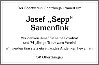Traueranzeige von Josef Samenfink von Allgäuer Zeitung, Marktoberdorf