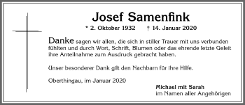 Traueranzeige von Josef Samenfink von Allgäuer Zeitung, Marktoberdorf