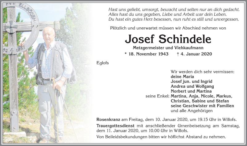  Traueranzeige für Josef Schindele vom 08.01.2020 aus Allgäuer Zeitung, Gesamtausgabe
