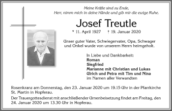 Traueranzeige von Josef Treutle von Allgäuer Zeitung, Füssen