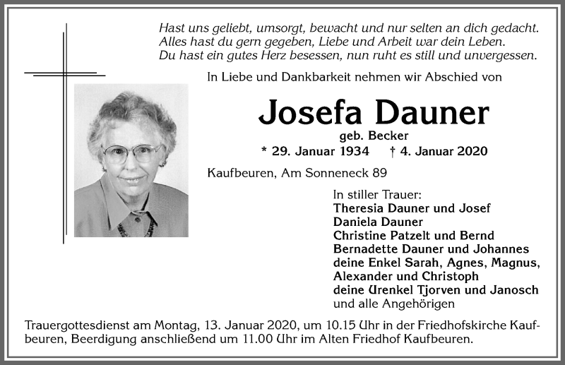  Traueranzeige für Josefa Dauner vom 10.01.2020 aus Allgäuer Zeitung, Kaufbeuren/Buchloe
