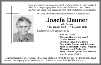 Traueranzeige von Josefa Dauner von Allgäuer Zeitung, Kaufbeuren/Buchloe