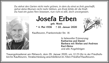 Traueranzeige von Josefa Erben von Allgäuer Zeitung, Kaufbeuren/Buchloe