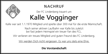 Traueranzeige von Kalle Vogginger von Der Westallgäuer