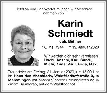Traueranzeige von Karin Schmiedt von Memminger Zeitung
