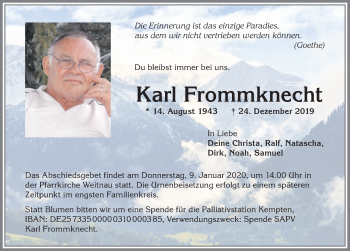 Traueranzeige von Karl Frommknecht von Allgäuer Zeitung,Kempten