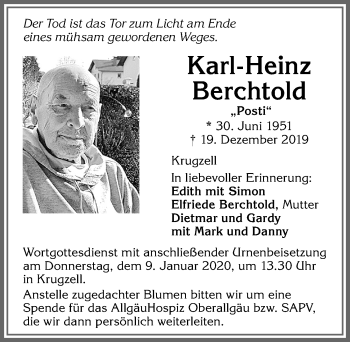 Traueranzeige von Karl-Heinz Berchtold von Allgäuer Zeitung,Kempten
