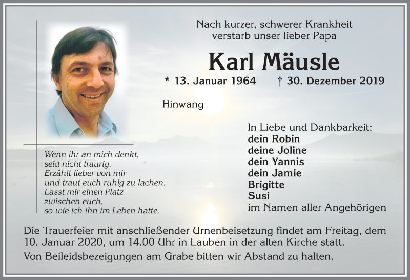  Traueranzeige für Karl Mäusle vom 08.01.2020 aus Allgäuer Zeitung,Kempten
