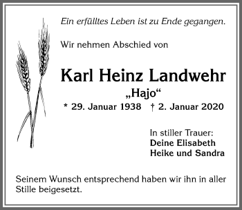Traueranzeige von Karl Heinz Landwehr von Allgäuer Zeitung,Kempten