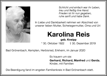 Traueranzeige von Karolina Reis von Memminger Zeitung