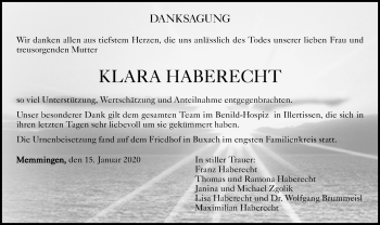 Traueranzeige von Klara Haberecht von Memminger Zeitung