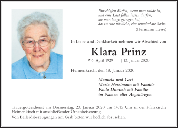 Traueranzeige von Klara Prinz von Der Westallgäuer
