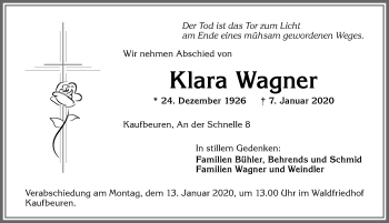 Traueranzeige von Klara Wagner von Allgäuer Zeitung, Kaufbeuren/Buchloe