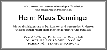 Traueranzeige von Klaus Denninger von Allgäuer Anzeigeblatt
