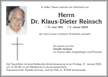 Traueranzeige von Klaus-Dieter Reinsch von Allgäuer Anzeigeblatt