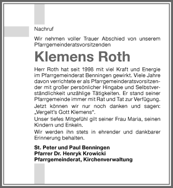 Traueranzeige von Klemens Roth von Memminger Zeitung
