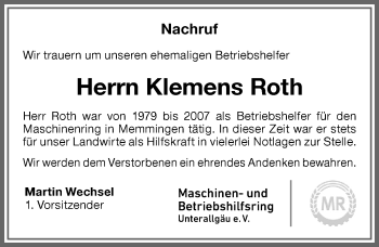Traueranzeige von Klemens Roth von Memminger Zeitung