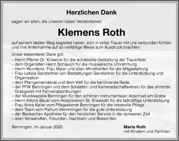 Traueranzeige von Klemens Roth von Memminger Zeitung