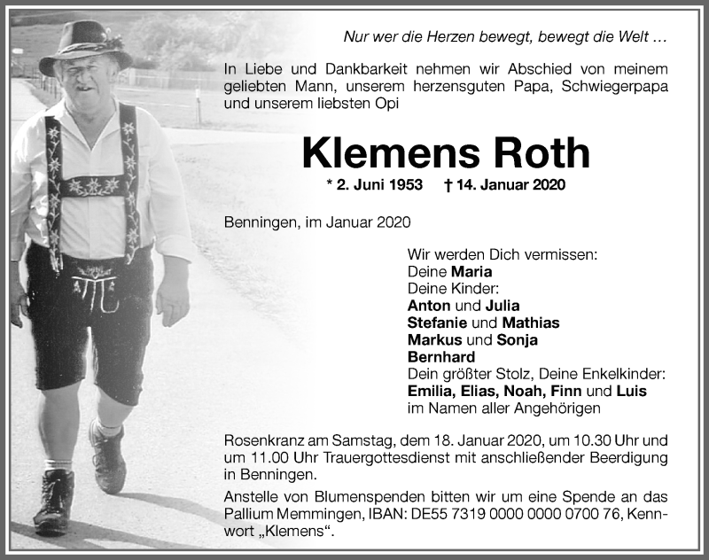  Traueranzeige für Klemens Roth vom 16.01.2020 aus Memminger Zeitung
