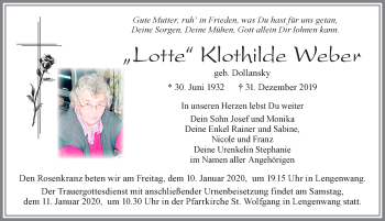 Traueranzeige von Klothilde Weber von Allgäuer Zeitung, Marktoberdorf