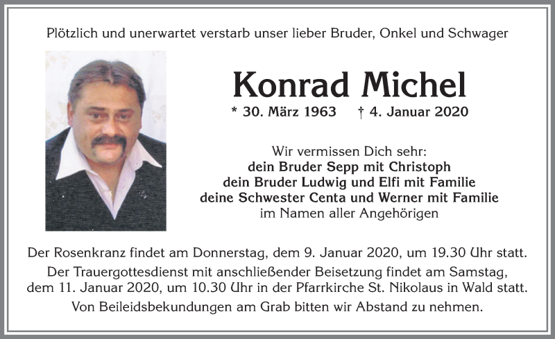  Traueranzeige für Konrad Michel vom 08.01.2020 aus Allgäuer Zeitung, Marktoberdorf