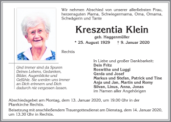 Traueranzeige von Kreszentia Klein von Allgäuer Zeitung,Kempten