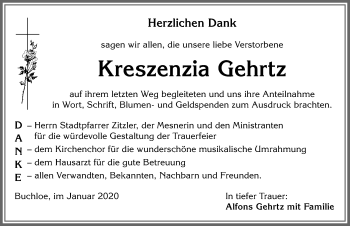 Traueranzeige von Kreszenzia Gehrtz von Allgäuer Zeitung, Kaufbeuren/Buchloe