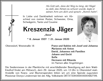 Traueranzeige von Kreszenzia Jäger von Allgäuer Anzeigeblatt