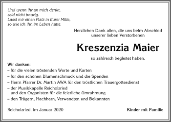 Traueranzeige von Kreszenzia Maier von Allgäuer Zeitung,Kempten