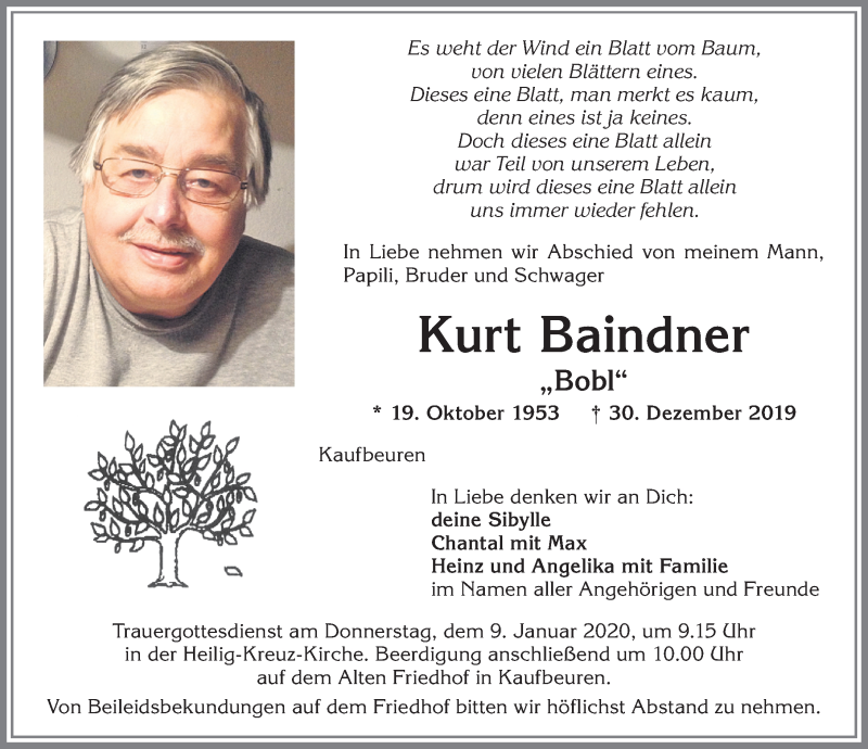  Traueranzeige für Kurt Baindner vom 04.01.2020 aus Allgäuer Zeitung, Kaufbeuren/Buchloe