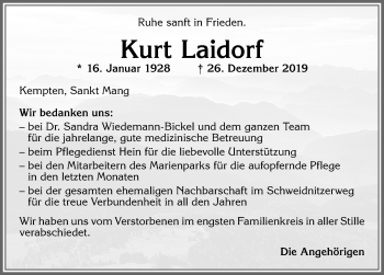 Traueranzeige von Kurt Laidorf von Allgäuer Zeitung,Kempten