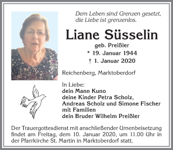Traueranzeige von Liane Süsselin von Allgäuer Zeitung, Marktoberdorf