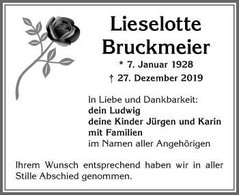 Traueranzeige von Lieselotte Bruckmeier von Allgäuer Zeitung,Kempten