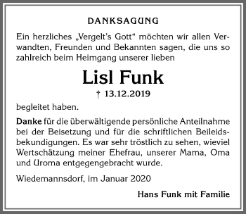 Traueranzeige von Lisl Funk von Allgäuer Anzeigeblatt