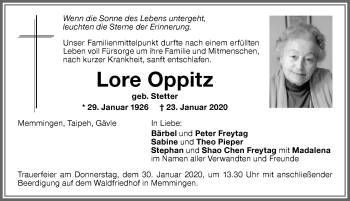Traueranzeige von Lore Oppitz von Memminger Zeitung