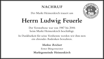 Traueranzeige von Ludwig Feuerle von Der Westallgäuer