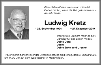 Traueranzeige von Ludwig Kretz von Memminger Zeitung