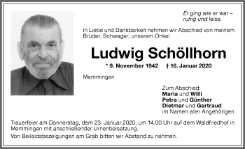Traueranzeige von Ludwig Schöllhorn von Memminger Zeitung