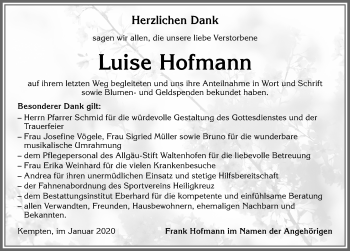 Traueranzeige von Luise Hofmann von Allgäuer Zeitung,Kempten