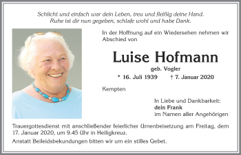 Traueranzeige von Luise Hofmann von Allgäuer Zeitung,Kempten