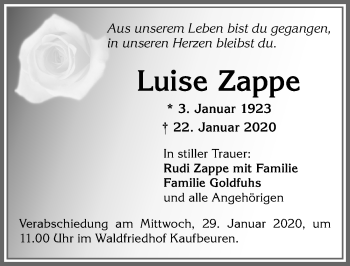 Traueranzeige von Luise Zappe von Allgäuer Zeitung, Kaufbeuren/Buchloe