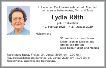 Traueranzeige von Lydia Räth von Allgäuer Zeitung,Kempten