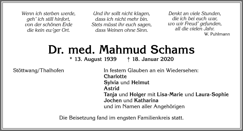  Traueranzeige für Mahmud Schams vom 28.01.2020 aus Allgäuer Zeitung, Kaufbeuren/Buchloe