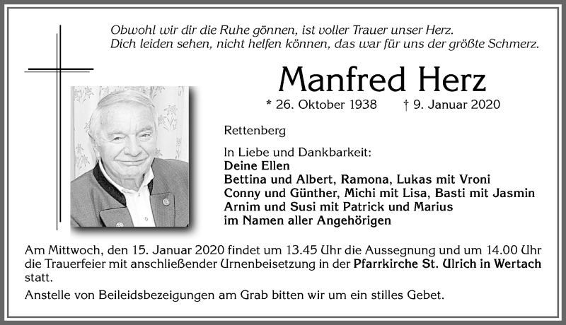  Traueranzeige für Manfred Herz vom 11.01.2020 aus Allgäuer Zeitung,Kempten
