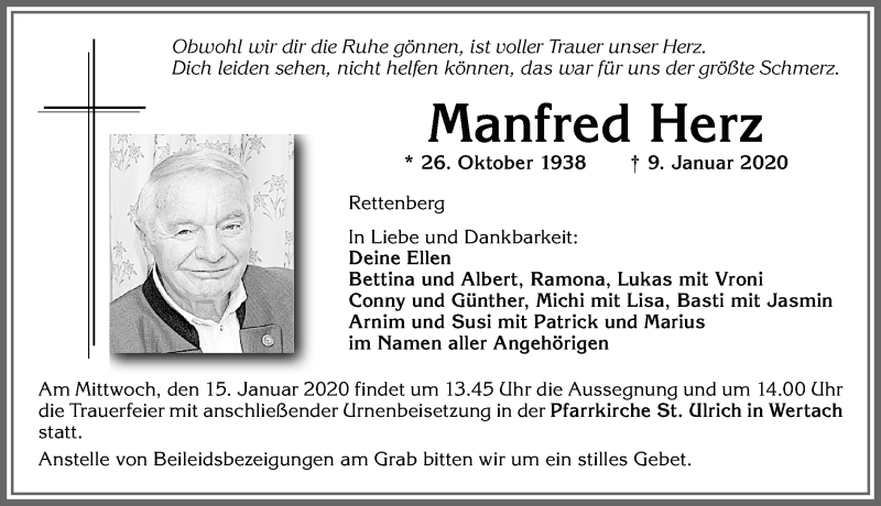  Traueranzeige für Manfred Herz vom 11.01.2020 aus Allgäuer Anzeigeblatt