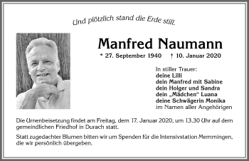 Traueranzeige von Manfred Naumann von Allgäuer Zeitung,Kempten