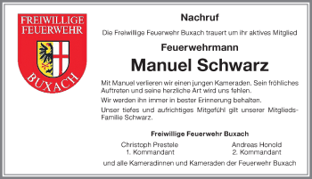 Traueranzeige von Manuel Schwarz von Memminger Zeitung