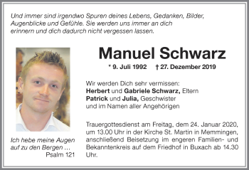 Traueranzeige von Manuel Schwarz von Memminger Zeitung